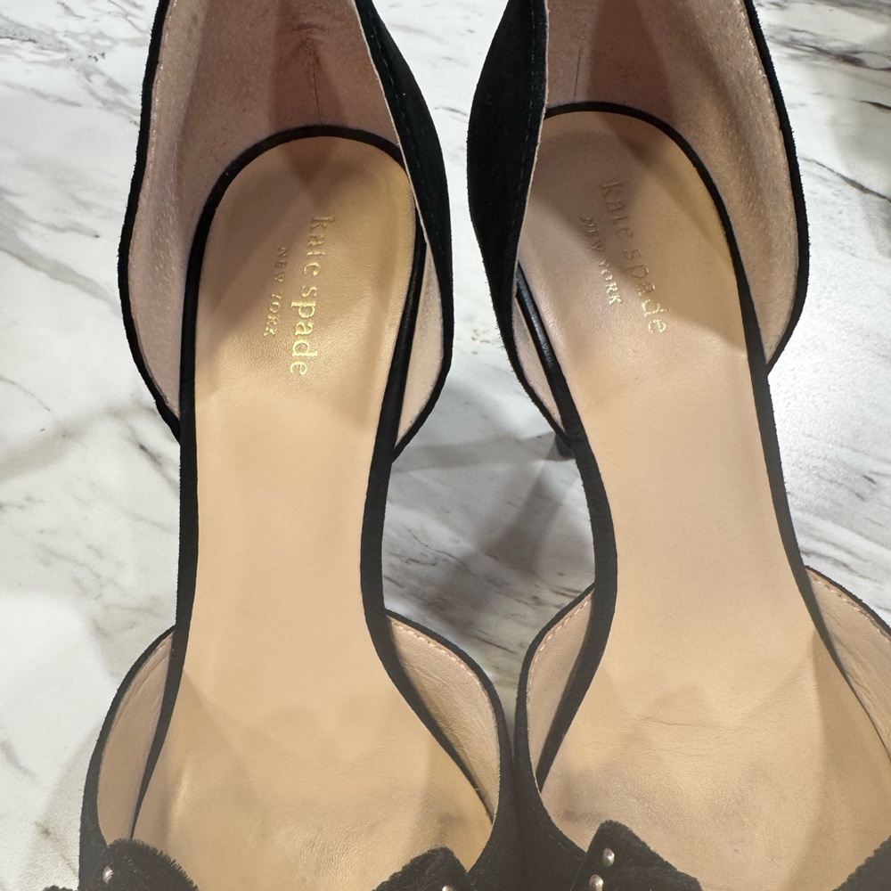 Black Suede Kate Spade Gold Studded Bow Pointed-Toe Pumps size 10 - Picture 4 of 10